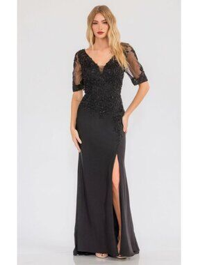 Clearance Black Size L Sheer Short Sleeve Evening Gown By Juliet JTM15L